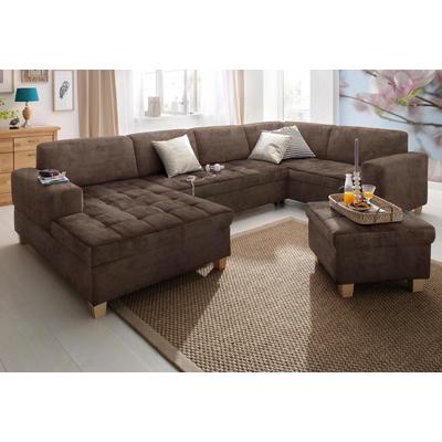 Wohnlandschaft HOME AFFAIRE "Corby, viel Platz und Komfort, U-Form", braun, B:333cm H:80cm T:199cm, Struktur fein (100% Polyester), Chenille (100% Polyester), NaturLEDER (echtes Rindsleder) auf Sitzfläche, Kunstleder im Korpus, Melrose (100%... Image