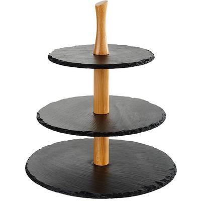 Etagere APS "3-stufige Etagere", braun, H:34cm, Akazienholz, Schiefer, Servierplatten, mit Holzständer, 3-stöckig Image