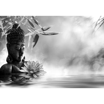 PAPERMOON Fototapete "Buddah Figur mit Blume Schwarz & Weiß" Tapeten Gr. B/L: 4,50 m x 2,80 m, Bahnen: 9 St., schwarz (schwarz, weiß) Fototapeten