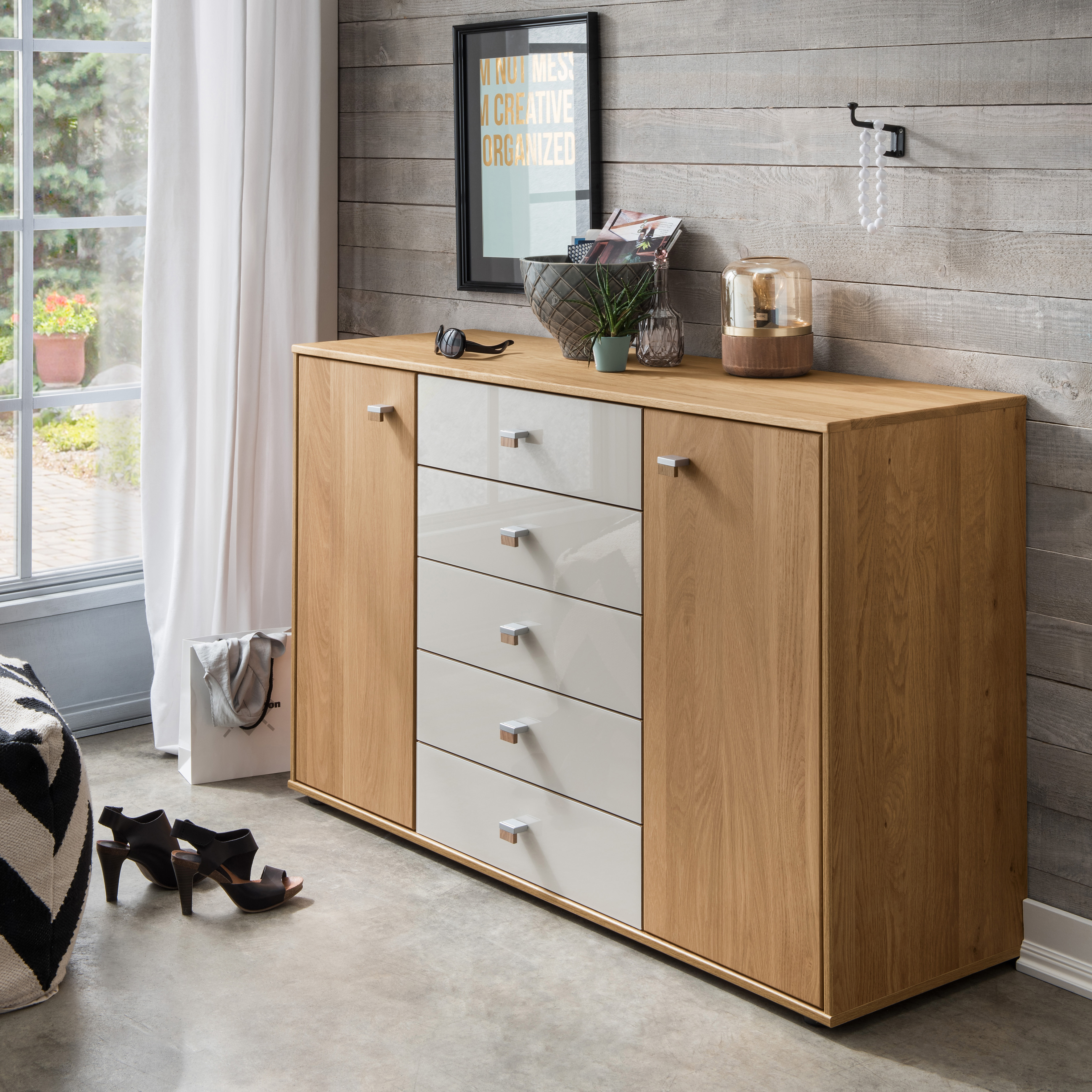 Kombikommode WIEMANN "Kiruna", braun (eiche teilmassiv, champagnerglas), B:141cm H:86cm T:43cm, Floatglas, Holz teilmassiv, Sideboards, vormontiert Image
