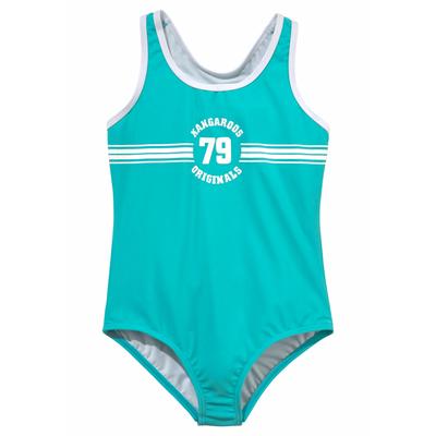 Badeanzug KANGAROOS "Sporty", Kinder, Gr. 170/176, N-Gr, blau (türkis), Polyamid, unifarben, kontrastfarbene Details, Badeanzüge, mit sportlichem Frontdruck Image