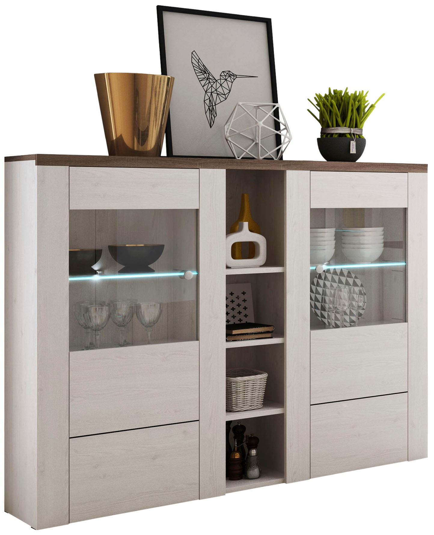 Highboard HOME AFFAIRE "Larona, zeitlose Hochkommode mit 2 Türen, Türkommode, Höhe 129,5 cm", weiß (sibiu weiß, eichefarben sägerau dunkel), B:155cm H:130cm T:37cm, Sideboards, Anrichte mit dekorative Rahmenoptik, Türen mit Glaseinsatz