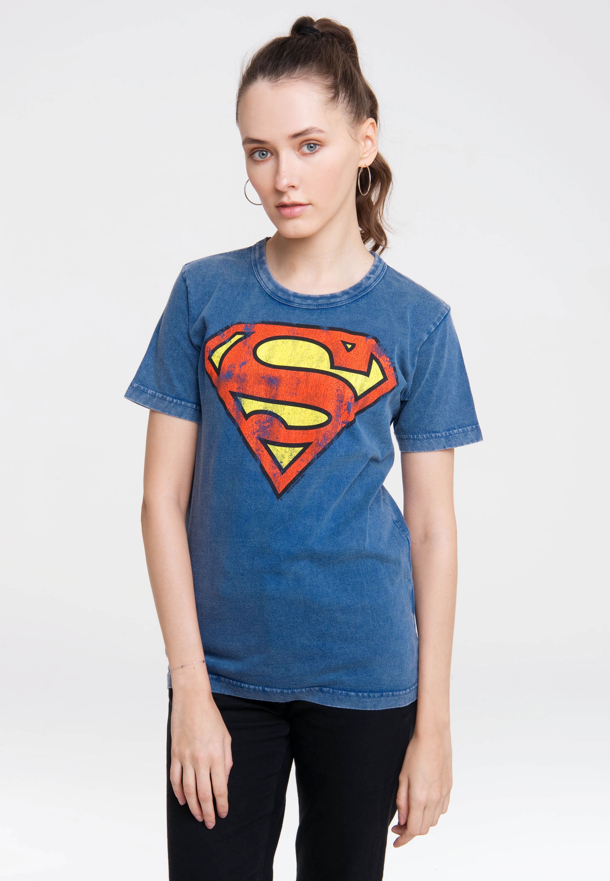 T-Shirt LOGOSHIRT "DC Comics – Superman", Damen, Gr. S, blau (hellblau), 100% Baumwolle, unifarben, normal, Rundhals, Shirts T-Shirt, mit lizenziertem Print