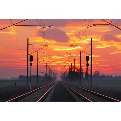 PAPERMOON Fototapete "Zugschienen mit Sonnenuntergang" Tapeten Gr. B/L: 4,50 m x 2,80 m, Bahnen: 9 St., bunt Fototapeten