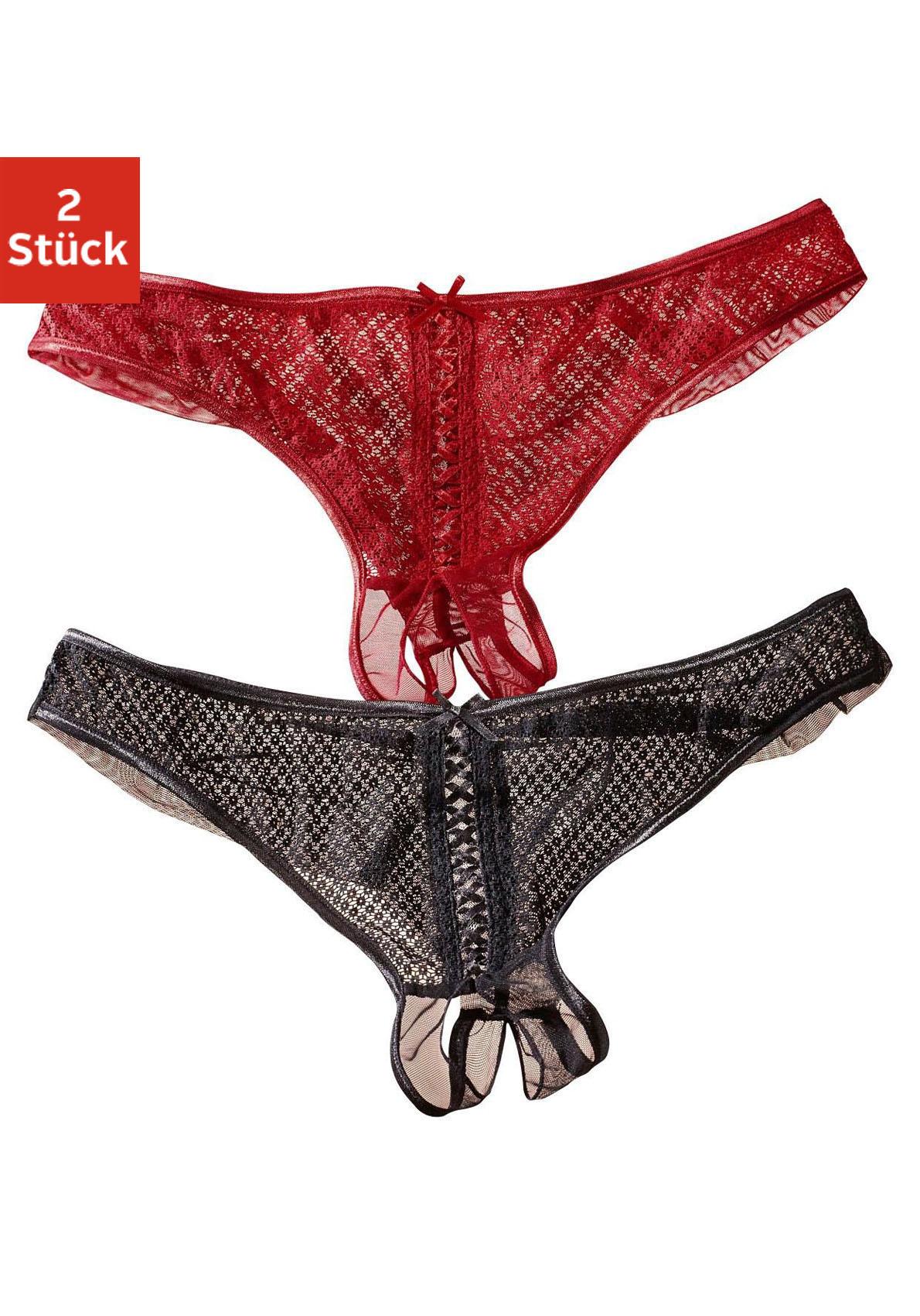 String-Ouvert PETITE FLEUR GOLD, Damen, Gr. 48/50, 2 Stk., rot (rot, schwarz), Netz, Obermaterial: 90% Polyamid, 10% Elasthan, Unterhosen, vorne mit sexy Schnür-Optik
