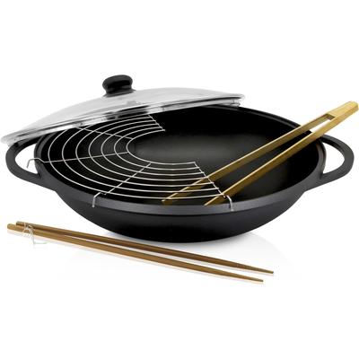 Wok KRÜGER "Aluguss mit Glasdeckel LEIPZIG, 36 cm" Pfannen Gr. Ø 36cm + Höhe 10cm, schwarz hochwertige Antihaft-Versiegelung