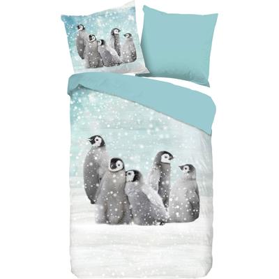 Kinderbettwäsche GOOD MORNING "Pengu", blau (blau, hellblau), B/L: 135cm x 200cm, , Biber, B/L: 80cm x 80cm, Biber, Obermaterial: 100% Baumwolle, Bettwäsche, Biber, 135x200, Weich, Warm, Reißverschluss, Wendeoptik, Kind, Winter Image