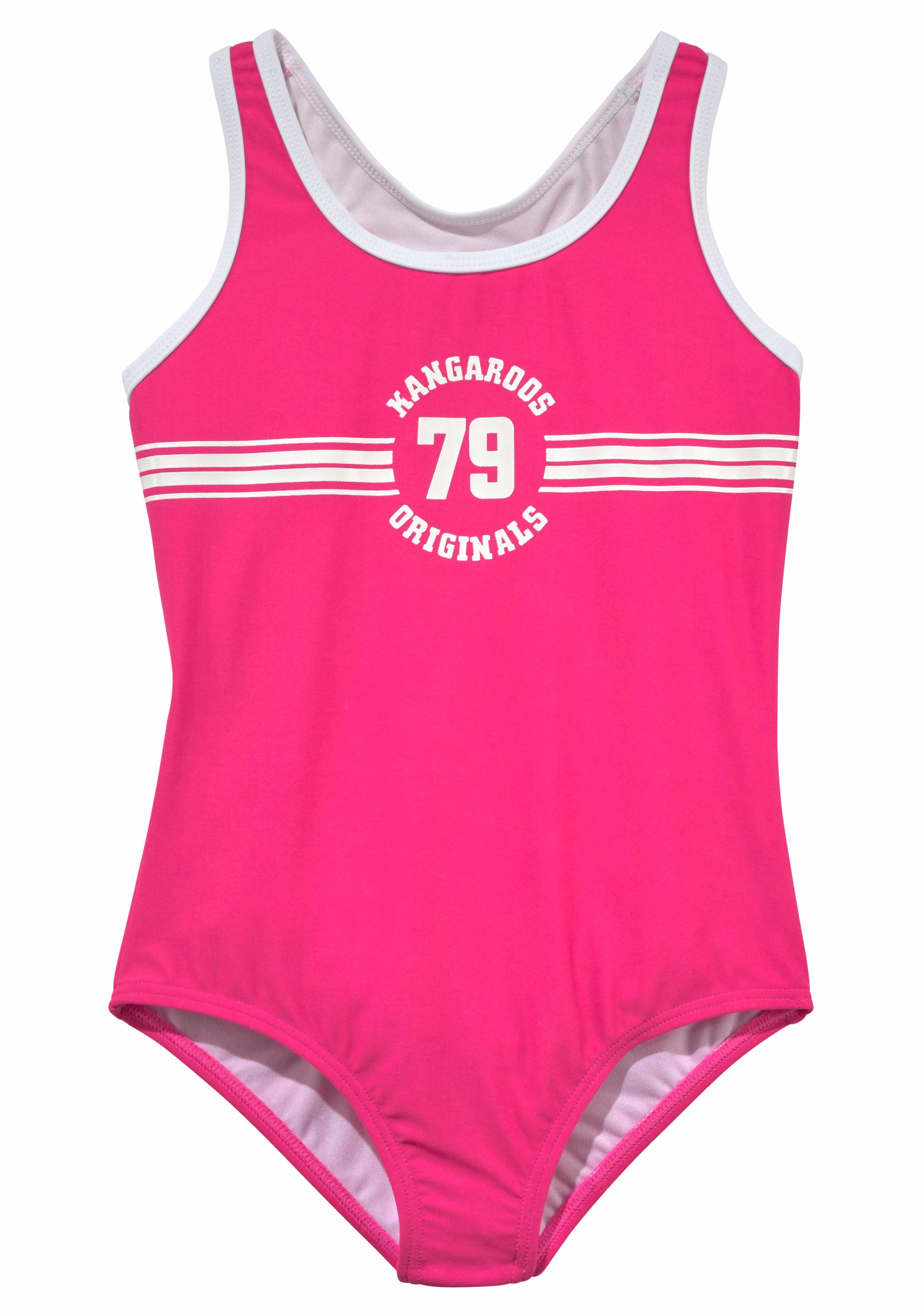 Badeanzug KANGAROOS "Sporty", Kinder, Gr. 134/140, N-Gr, pink, Polyamid, kontrastfarbene Details, unifarben, Badeanzüge, mit sportlichem Frontdruck Image