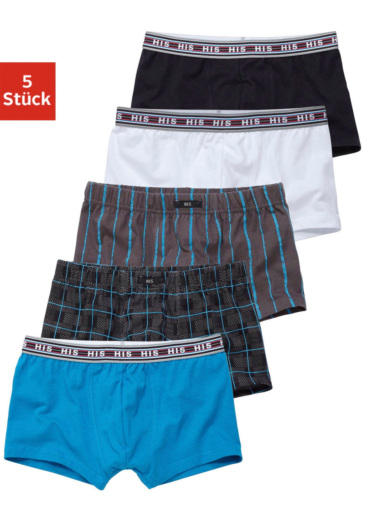 Boxer H.I.S "Boxershorts für Jungen", Kinder, Gr. 158/164, blau (weiß, schwarz, blau, kariert, gestreift), Jersey, Obermaterial: 95% Baumwolle, 5% Elasthan, gestreift, kariert, unifarben, körpernah, Unterhosen, in unterschiedlichen Designs Image