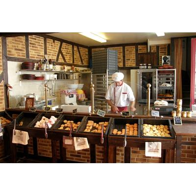 Fototapete PAPERMOON "BÄCKEREI-STEINWAND ZIEGELWAND HOLZ STRUKTUR BISTRO DEKO", bunt, B:4,00m L:2,60m, Vlies, Tapeten Image