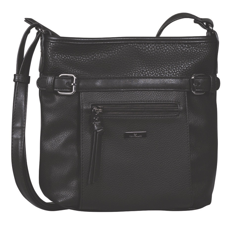 Umhängetasche TOM TAILOR "JUNA", Damen, Gr. B/H/T: 24cm x 7,5cm, schwarz, Polyurethan (PU), Taschen Umhängetasche, mit Details in Metallic Optik