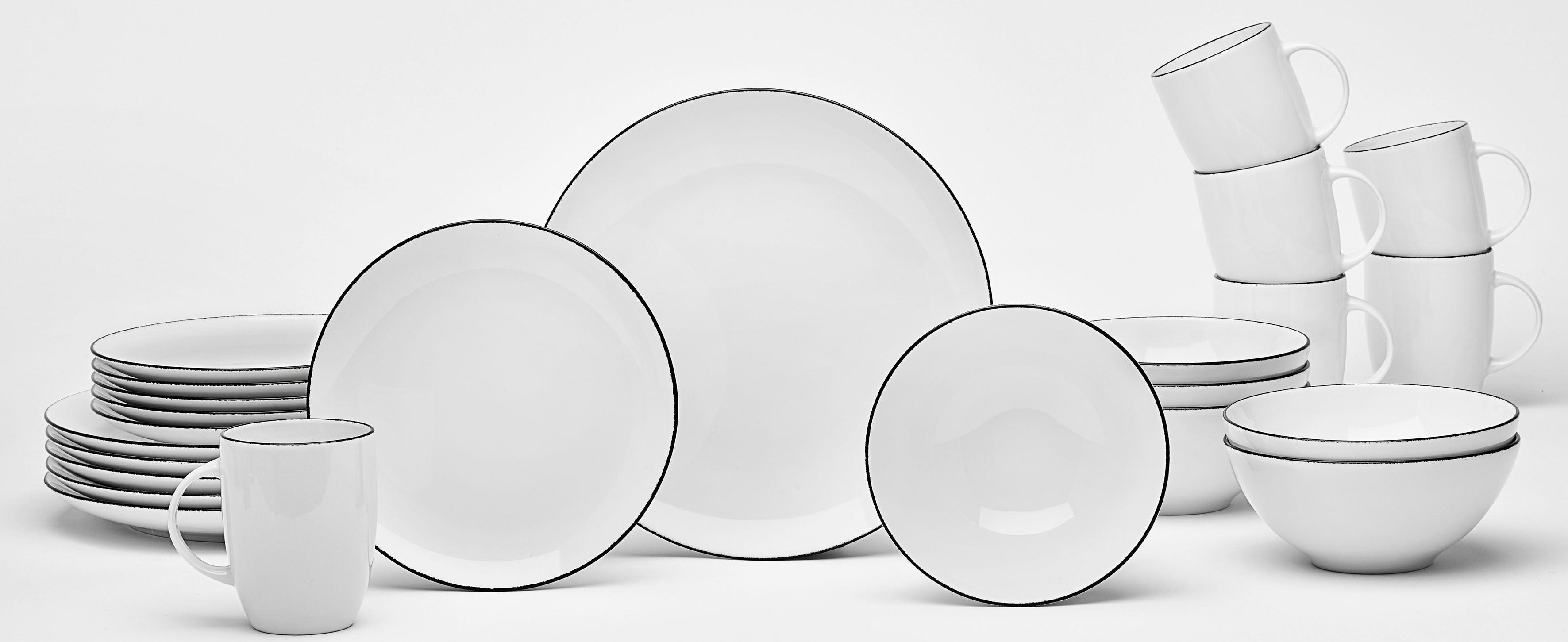 Kombiservice VAN WELL "Geschirr-Set, Service Black Star", schwarz-weiß (weiß, schwarz), 24 Stk., Porzellan, Geschirr-Sets, Rand mit trendiger, schwarzer Linie, 24 Teile, für 6 Personen