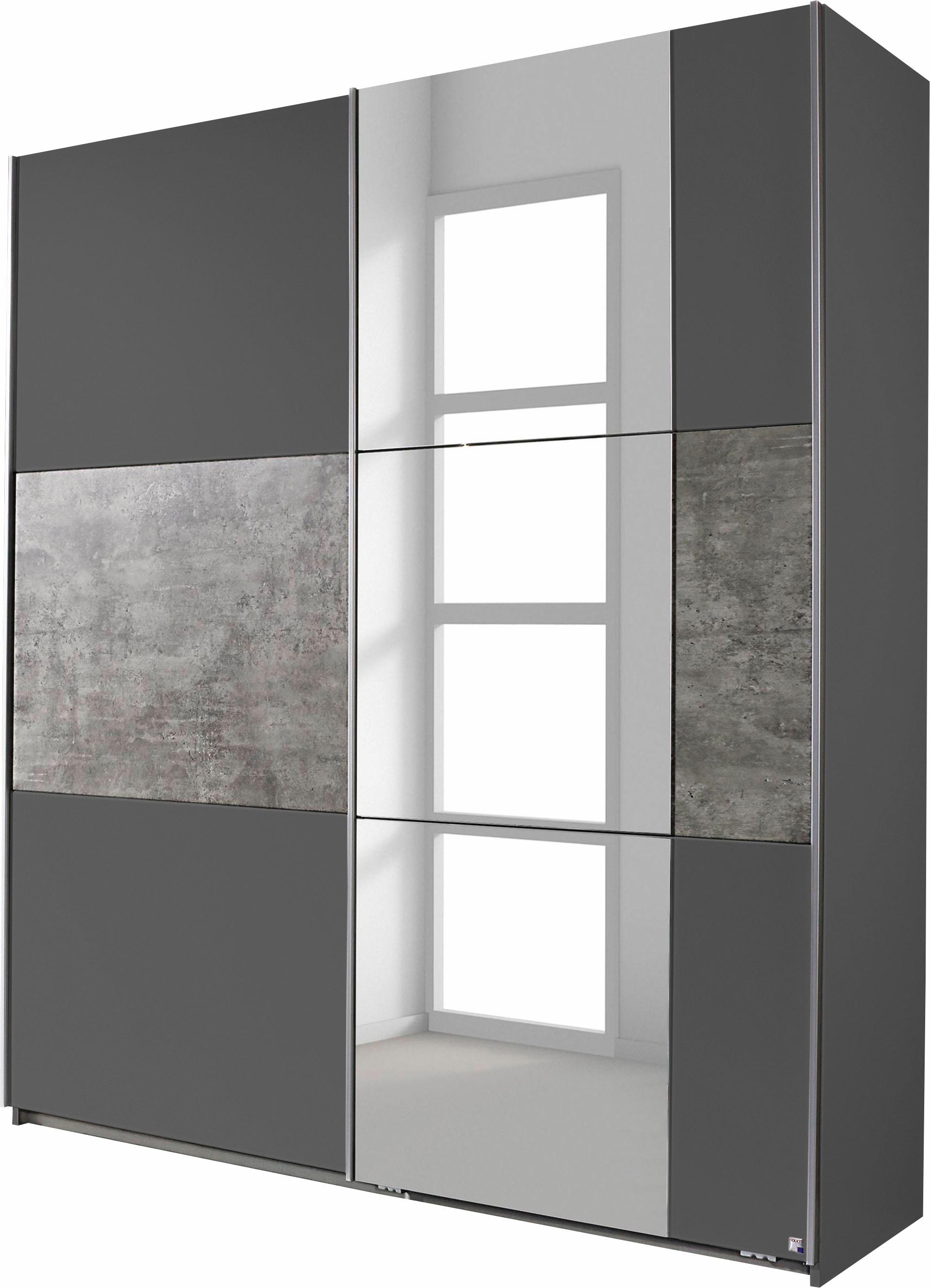 Schwebetürenschrank RAUCH "Prenzlau", grau (graumetallic, beton, optik), B:175cm H:210cm T:59cm, Holzwerkstoff, Schränke, Schwebetürenschrank, mit Spiegel