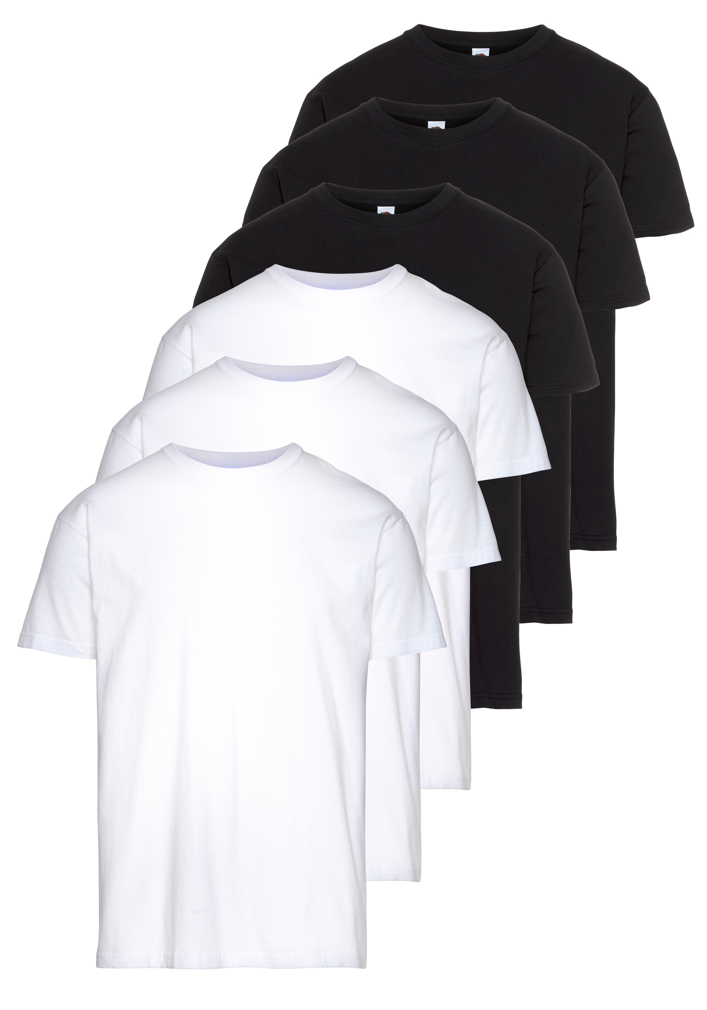 T-Shirt FRUIT OF THE LOOM "sechs Stück in unterschiedlicher Farbkomination", Herren, Gr. 3XL (64/66), schwarz-weiß (weiß, schwarz), Single Jersey, Obermaterial: 100% Baumwolle, unifarben, Basic, schmal normal, Rundhals, Shirts, mit Rundhalsausschnitt Image