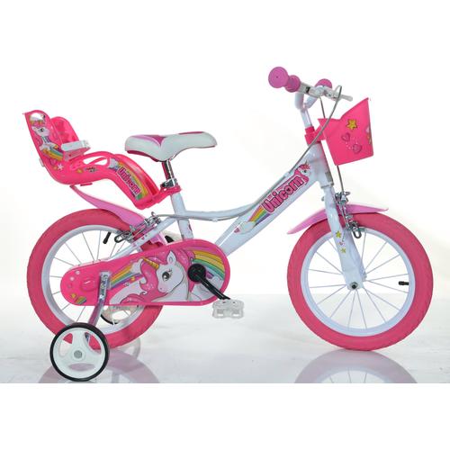"Kinderfahrrad DINO ""Unicorn Einhorn"" Fahrräder Gr. 28 cm, 16 Zoll (40,64 cm), pink (pink, weiß) Kinder Kinderfahrzeuge Fahrrad mit Stützrädern, Korb und Puppensitz"