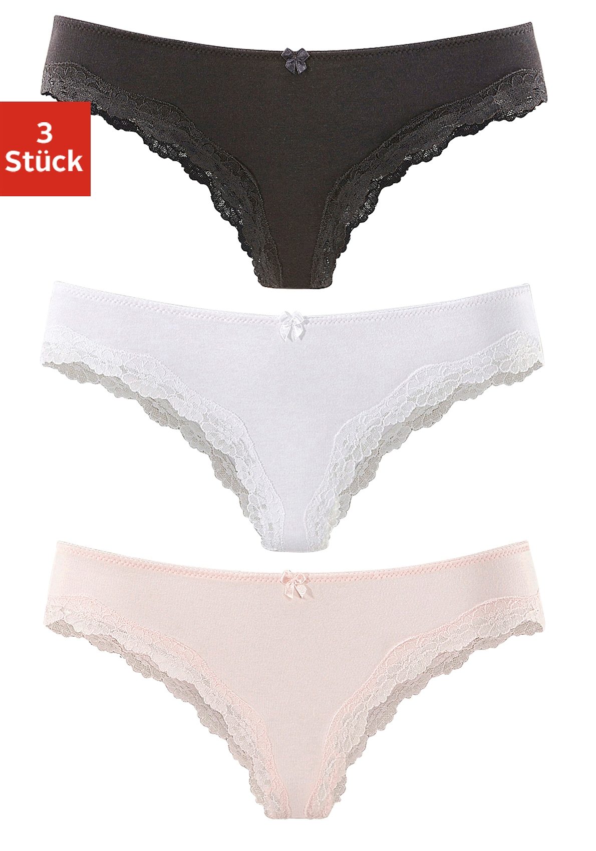 Brasilslip LASCANA, Damen, Gr. 44/46, bunt (rosa, weiß, schwarz), Single Jersey, Obermaterial: 95% Baumwolle, 5% Elasthan. Spitze: 87% Polyamid, 13% Elasthan, unifarben, körpernah, Unterhosen, aus elastischer Baumwolle mit zarter Spitze Image