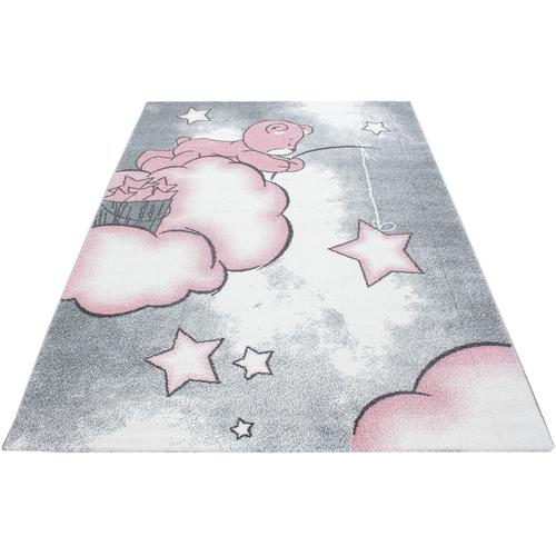 Kinderteppich AYYILDIZ TEPPICHE ""Kids 580"" Teppiche Gr. B: 80cm, 12mm, L: 150cm, pink (pink/grau) Kinder Teddybär, Sterne Design, Kurzflor