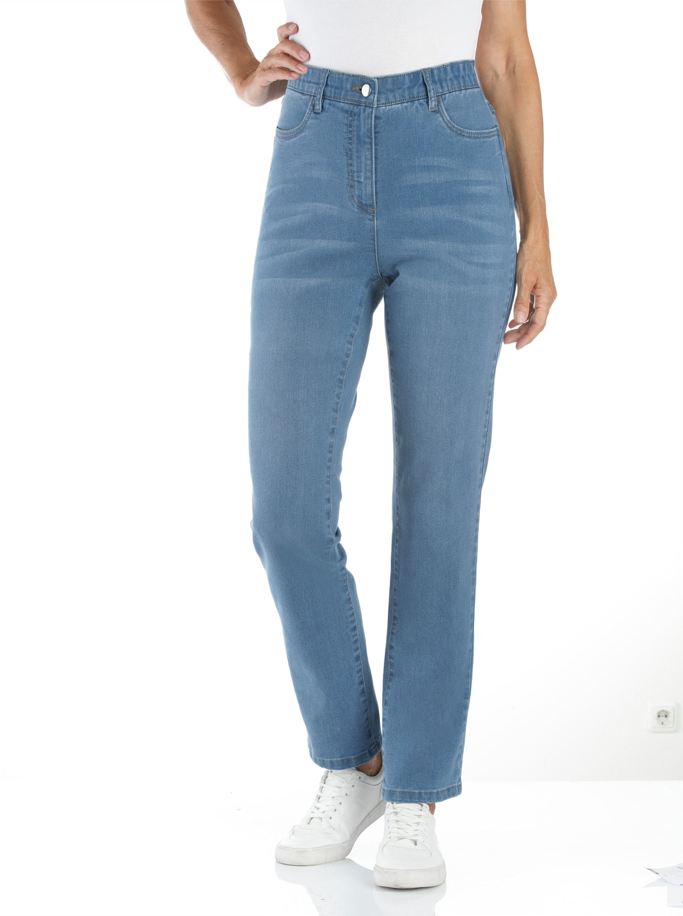 High-waist-Jeans CLASSIC BASICS, Damen, Gr. 25, Kurzgrößen, blau (blau, bleached), 81% Baumwolle, 17% Polyester, 2% Elasthan, unifarben, lang, Jeans 5-Pocket-Jeans Image