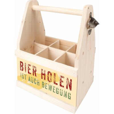 Flaschenkorb CONTENTO "Bierholen ist auch Bewegung", bunt (natur, bunt), B:26cm H:34cm T:17cm, Holz, Einkaufskörbe, aus 