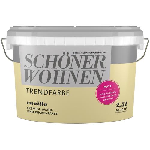 „SCHÖNER WOHNEN-FARBE Wand- und Deckenfarbe „“Trendfarbe““ Farben 2,5 Liter, Vanilla, hochdeckende Wandfarbe – für Allergiker geeignet Gr. 2,5 l 2500 ml, gelb (vanilla) Wandfarbe bunt“