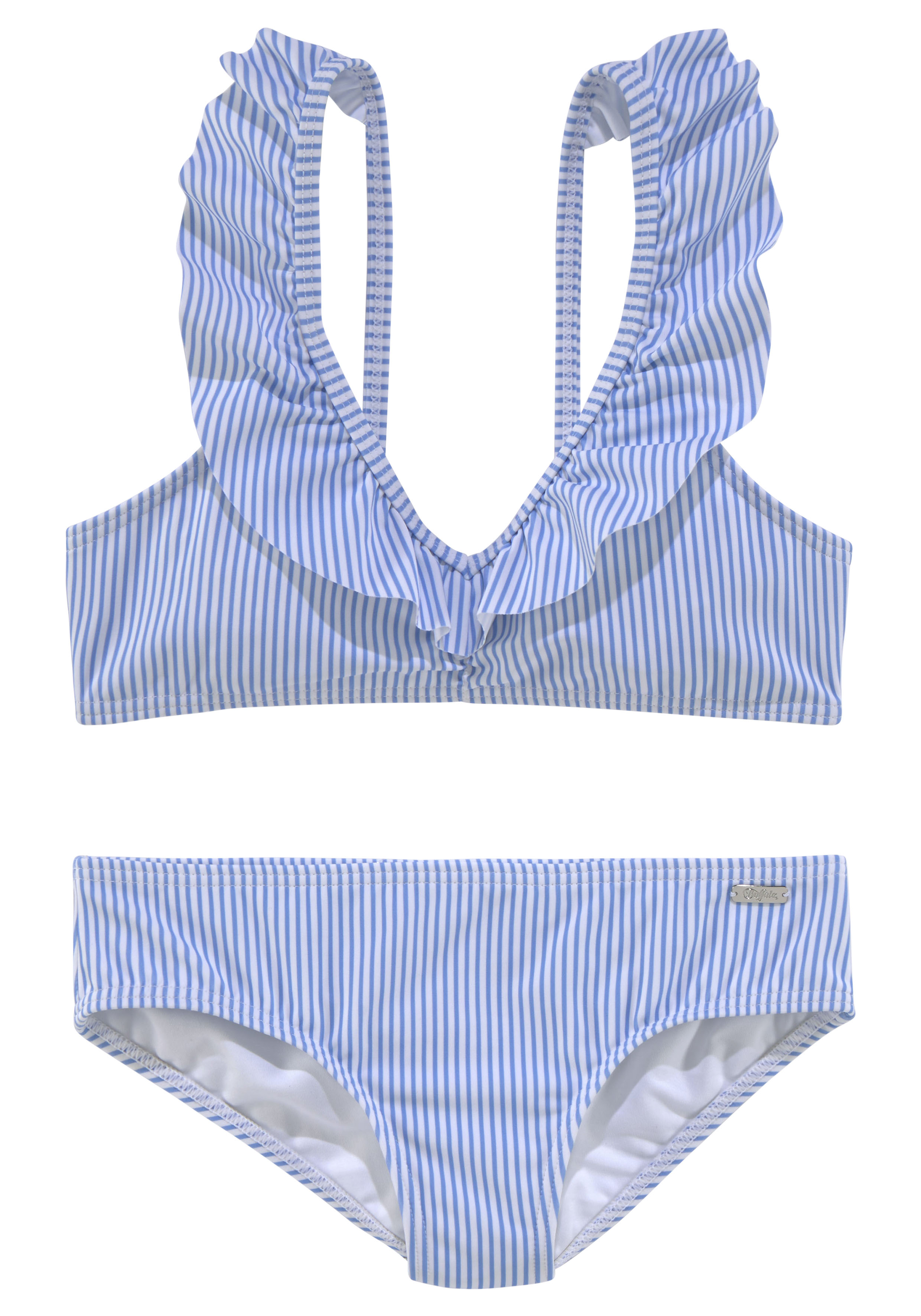 Bustier-Bikini BUFFALO, Kinder, Gr. 134/140, N-Gr, weiß (hellblau, weiß), Polyamid, gestreift, Bikini-Sets, mit Volants am Ausschnitt Image