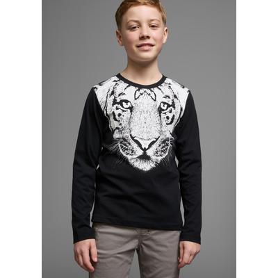 Langarmshirt KIDSWORLD "WHITE TIGER", Jungen, Gr. 164/170, schwarz, Jersey, Obermaterial: 100% Baumwolle, modisch, Basic, Rundhals, Langarm, Shirts, Basic Passform, stylischer Druck, Rundhalsausschnitt Image