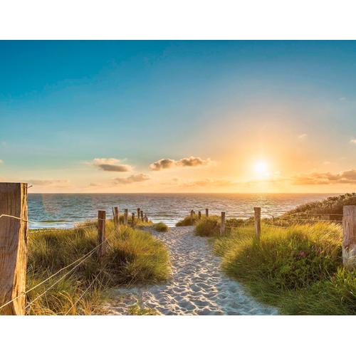 LIVING WALLS Fototapete ""Strand Dünen Sonnenuntergang"" Tapeten Dünen Tapete Strand Fototapete Schlafzimmer Tapeten Design Wandtapete Gr. B/L: 3,36 m x 2,6 m, hellblau beige natur