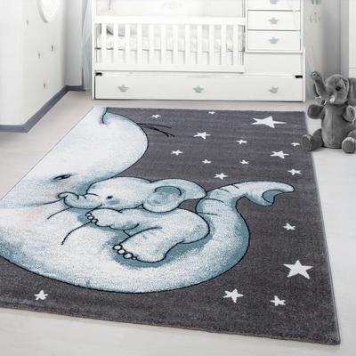 Kinderteppich AYYILDIZ TEPPICHE "Kids 560" Gr. 3, blau, B:120cm H:12mm L:170cm, Kunstfaser, Teppiche, auch in rund, Elefanten Baby Sterne, Kurzflor Image