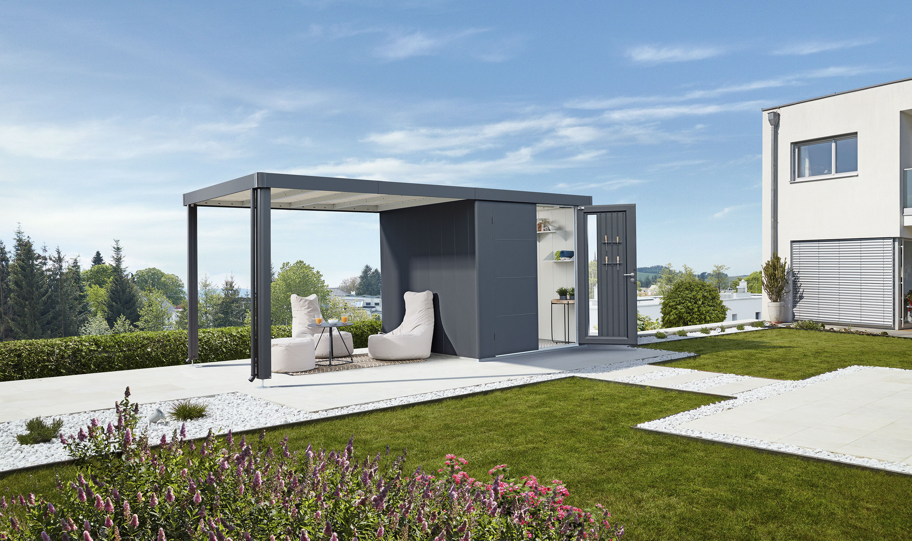Gerätehaus-Anbaudach BIOHORT, grau (dunkelgrau, metallic), B:300cm H:220cm T:235cm, Stahlblech, Gartenhaus-Anbaudächer Image