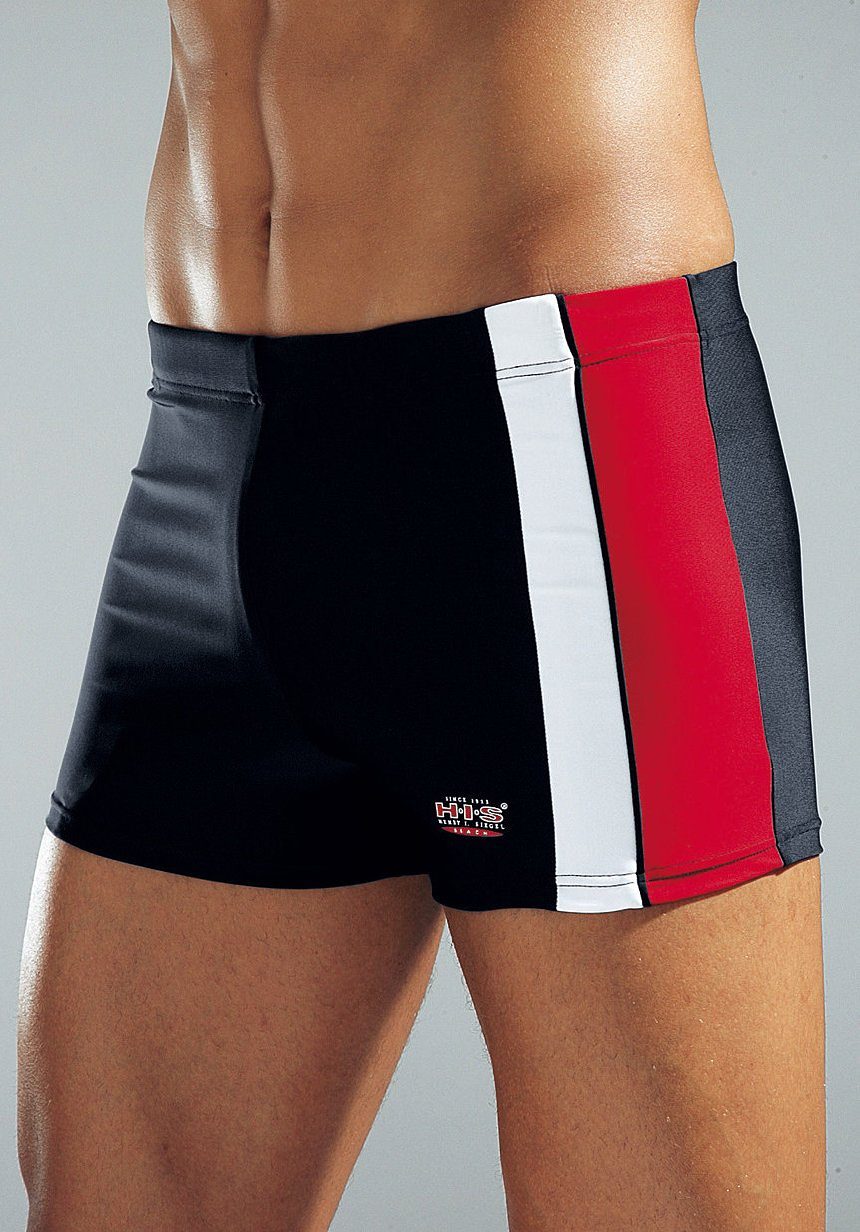 Boxer-Badehose H.I.S, Herren, Gr. 8, N-Gr, weiß (schwarz, rot, weiß), Polyamid, Badehosen, mit Kontrasteinsätzen, Topseller Image