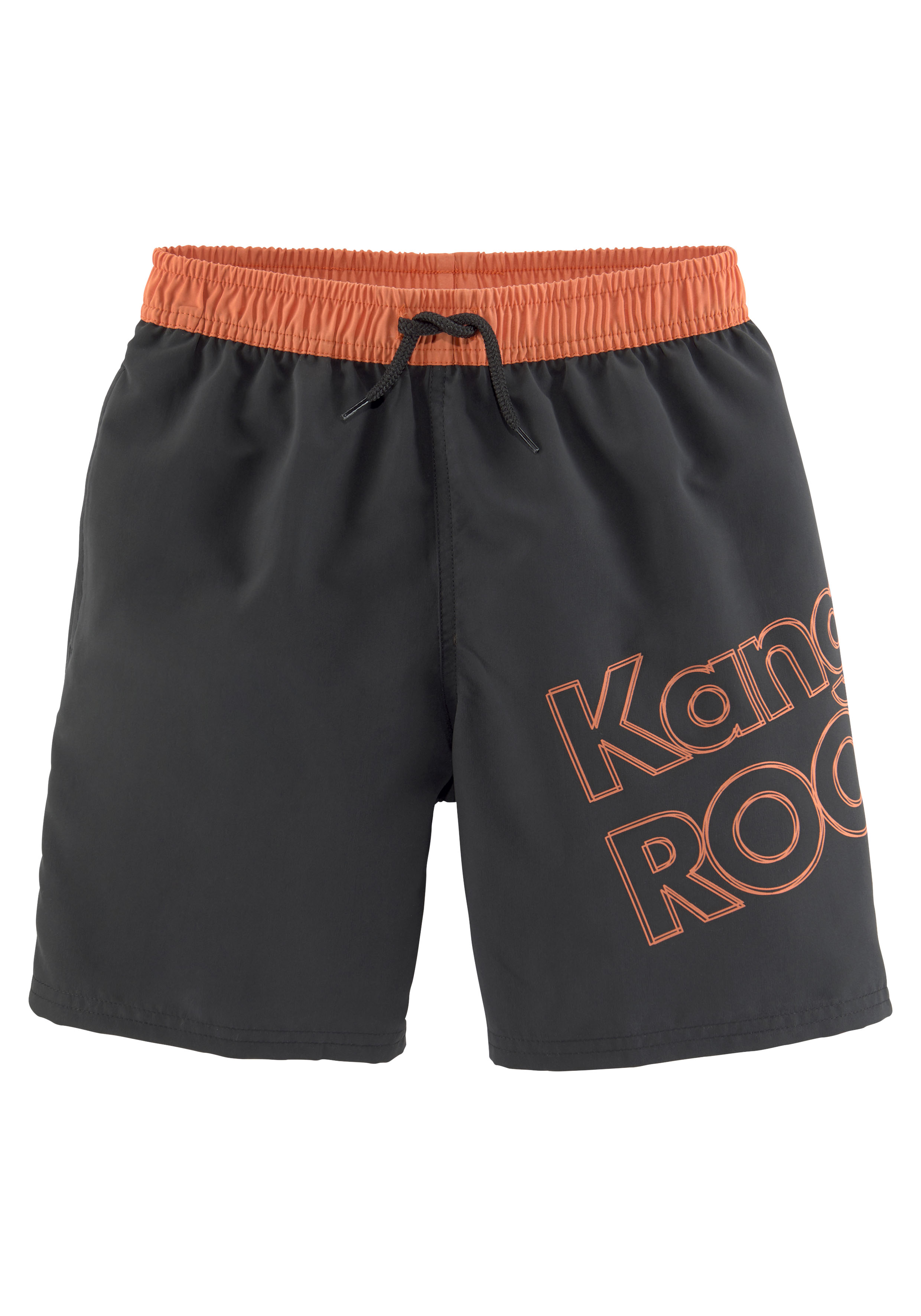 Badeshorts KANGAROOS "Adams Kids", Kinder, Gr. 134/140, N-Gr, orange (schwarz, orange), Microfaser, Polyester, unifarben mit Farbeinsatz, Badehosen, im Colorblocking-Design Image