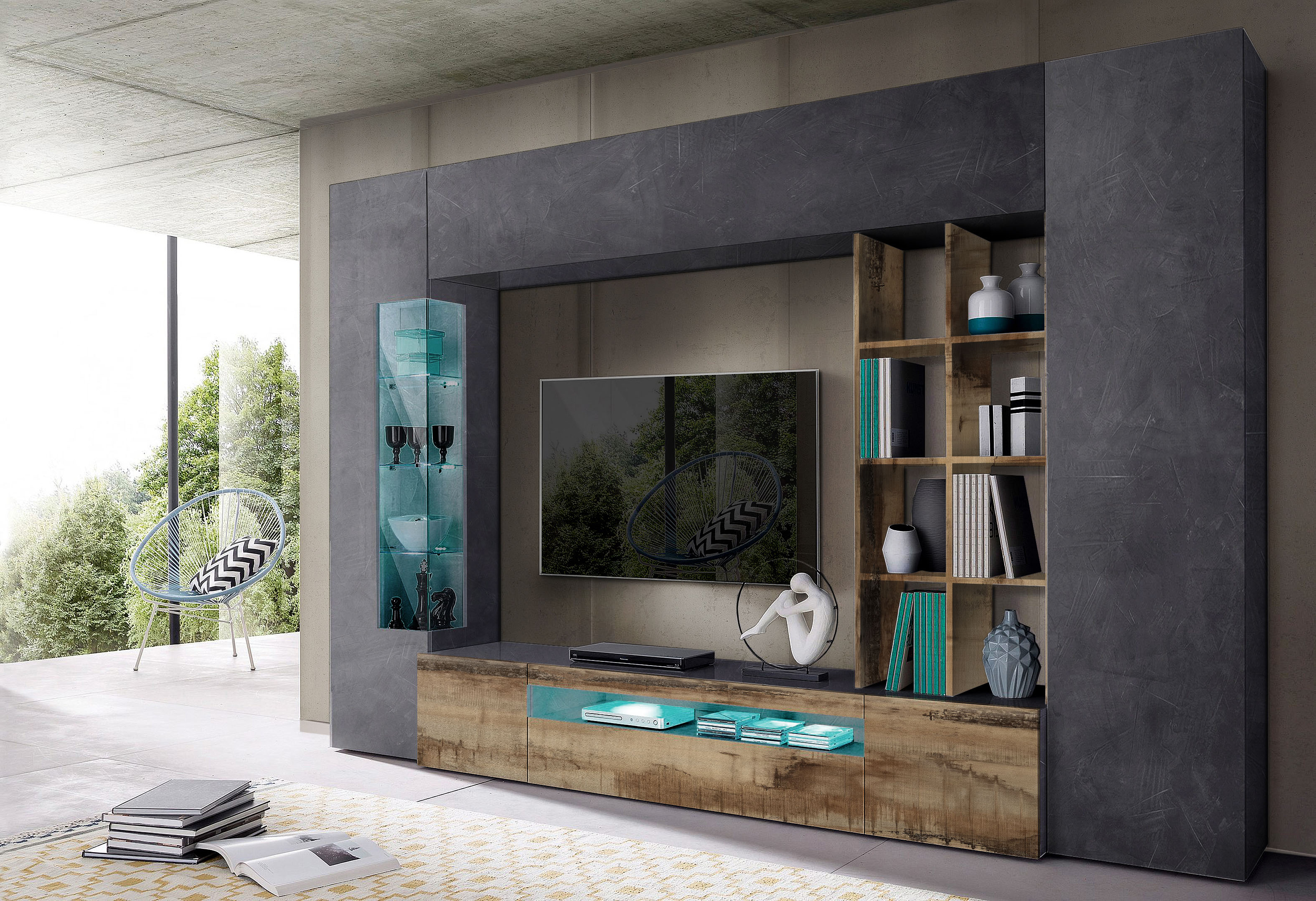 Wohnwand INOSIGN "New Egypt, Anbauwand, Medienwand, Wohnzimmerwand", braun (zement, peireira), B:290cm H:190cm T:40cm, Glas, Holzwerkstoff, Kastenmöbel-Sets, Wohnwand, Regalaufsatz Breite 290 Höhe 191