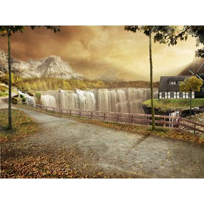 Fototapete PAPERMOON "Haus an Wasserfällen", bunt, B:5,00m L:2,80m, Vlies, Tapeten Image