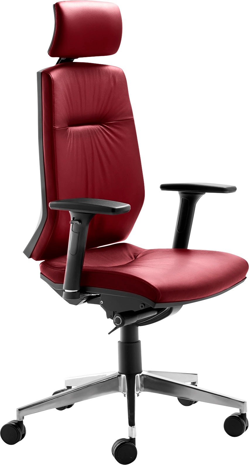 Chefsessel MAYER SITZMÖBEL "Drehstuhl myCONTRACT LINE", rot (weinrot, aluminium, schwarz), B:66cm H:141cm T:62cm, Aluminium, Kunststoff, Leder, Stühle, Rückenhöhe 7-fach verstellbar, verstellbare Kopfstütze