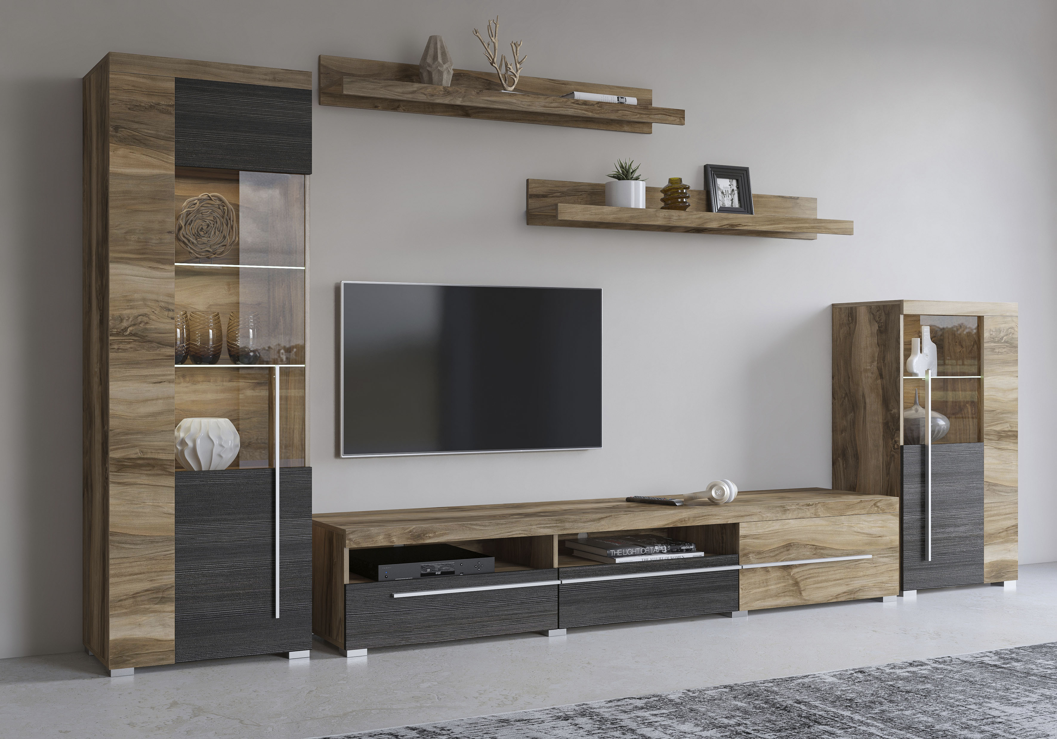 Wohnwand INOSIGN "Roger,Breite 270 cm moderne Mediawand ohne Beleuchtung", braun (satin nussbaumfarben, schwarzwood), B:270cm, ABS-Kunststoff, Glas, Holzwerkstoff, Metall, Kastenmöbel-Sets, Anbuwand (Set,5-St) viel Stauraum, Vitrinen mit Glastür