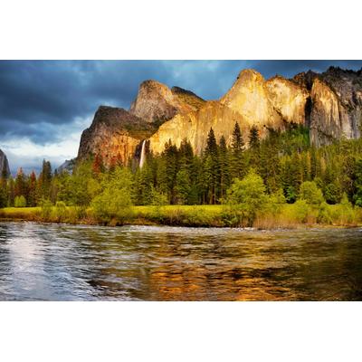 Fototapete PAPERMOON "YOSEMITE TAL-FLUSS GEBIRGE WALD BERGE SONNE WASSERFALL", bunt, B:4,50m L:2,80m, Vlies, Tapeten Image