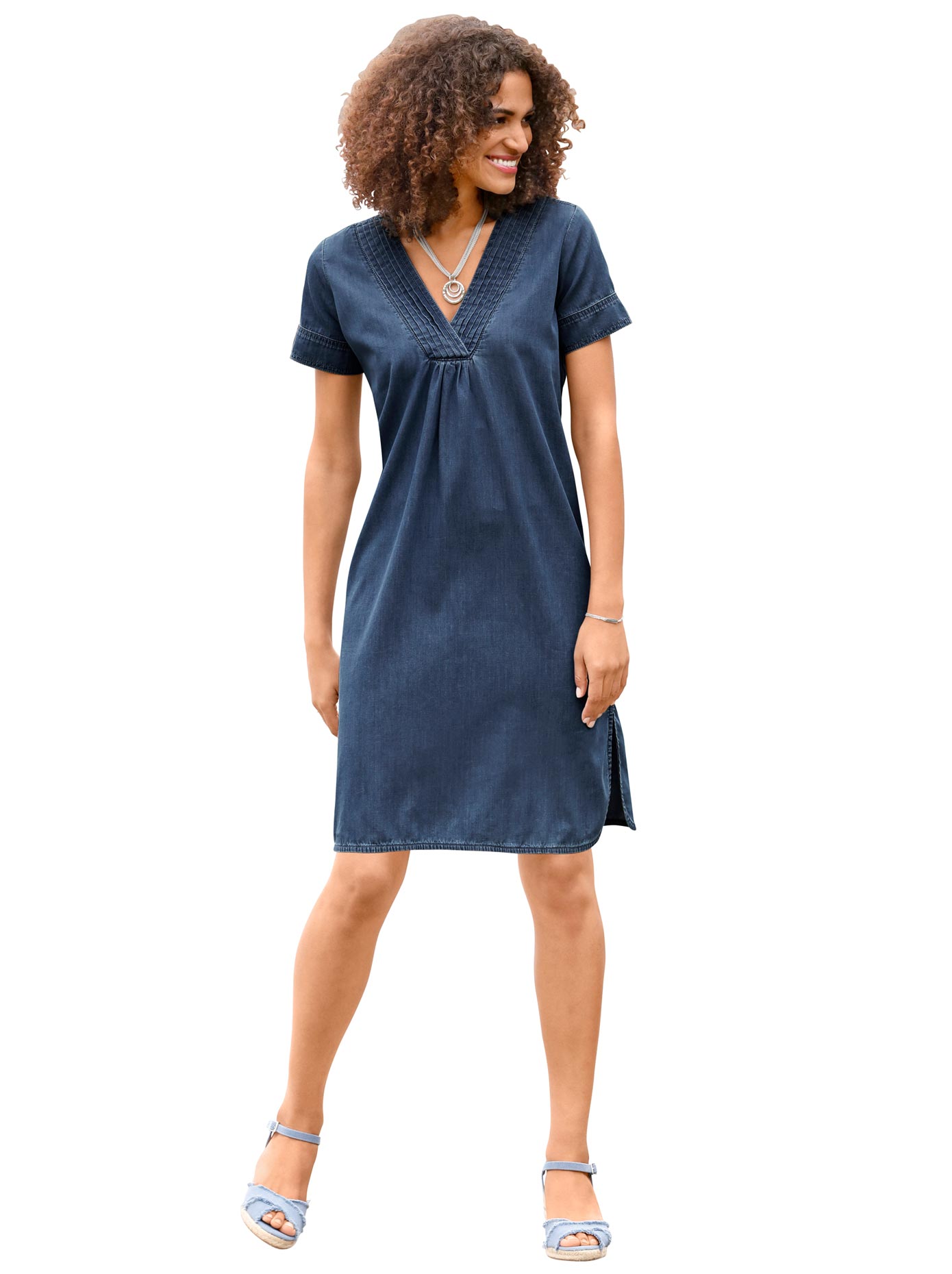 Jeanskleid CASUAL LOOKS "Kleid", Damen, Gr. 44, Normalgrößen, blau (blau, stone, washed), 100% Baumwolle, unifarben, kurz, V-Ausschnitt, Kleider