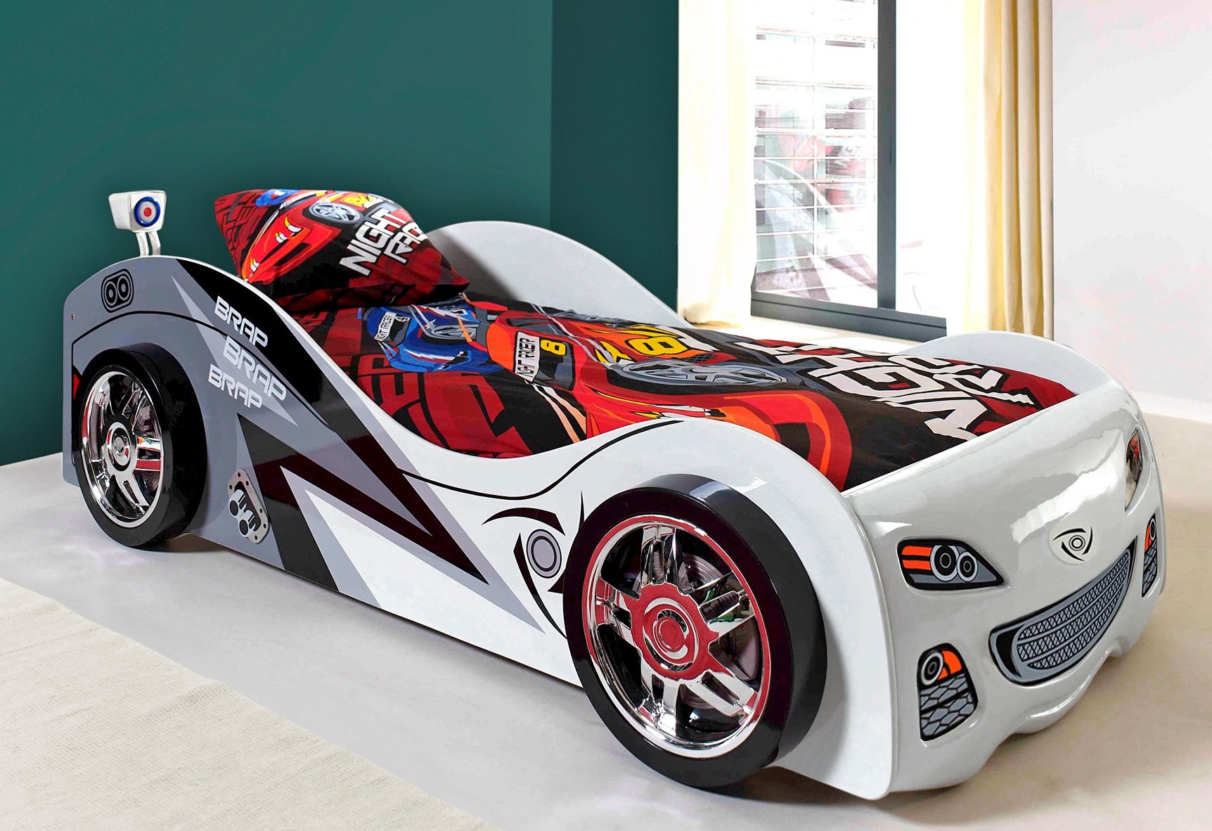 Autobett VIPACK "Liegefläche 90/200, Räder mit Felgen-Optik, schickes Design", weiß, B:110cm H:65cm L:240cm, Betten, Autobett, feststehende Räder, hochwertiges MDF Trägermaterial, coole Optik Image