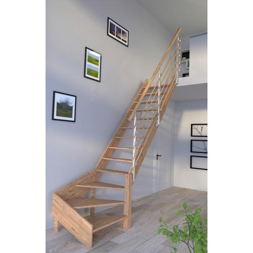 „STARWOOD Raumspartreppe „“Massivholz Rhodos, Design-Geländer Holzrundstäbe““ Treppen gewendelt Rechts, Durchgehende Wangenteile Gr. gewendelt, beige (natur) Treppen“
