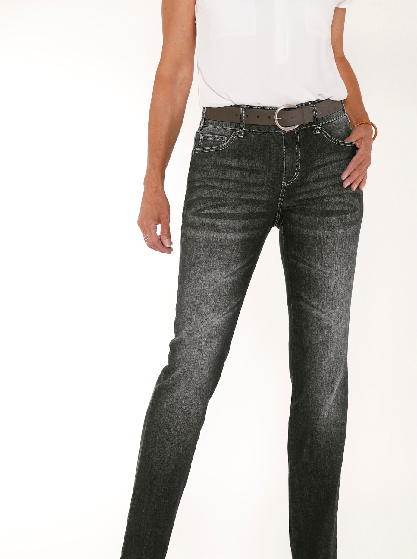 Bequeme Jeans CASUAL LOOKS, Damen, Gr. 44, Normalgrößen, grau (grau, denim), 98% Baumwolle, 2% Elasthan, unifarben, lang, Jeans