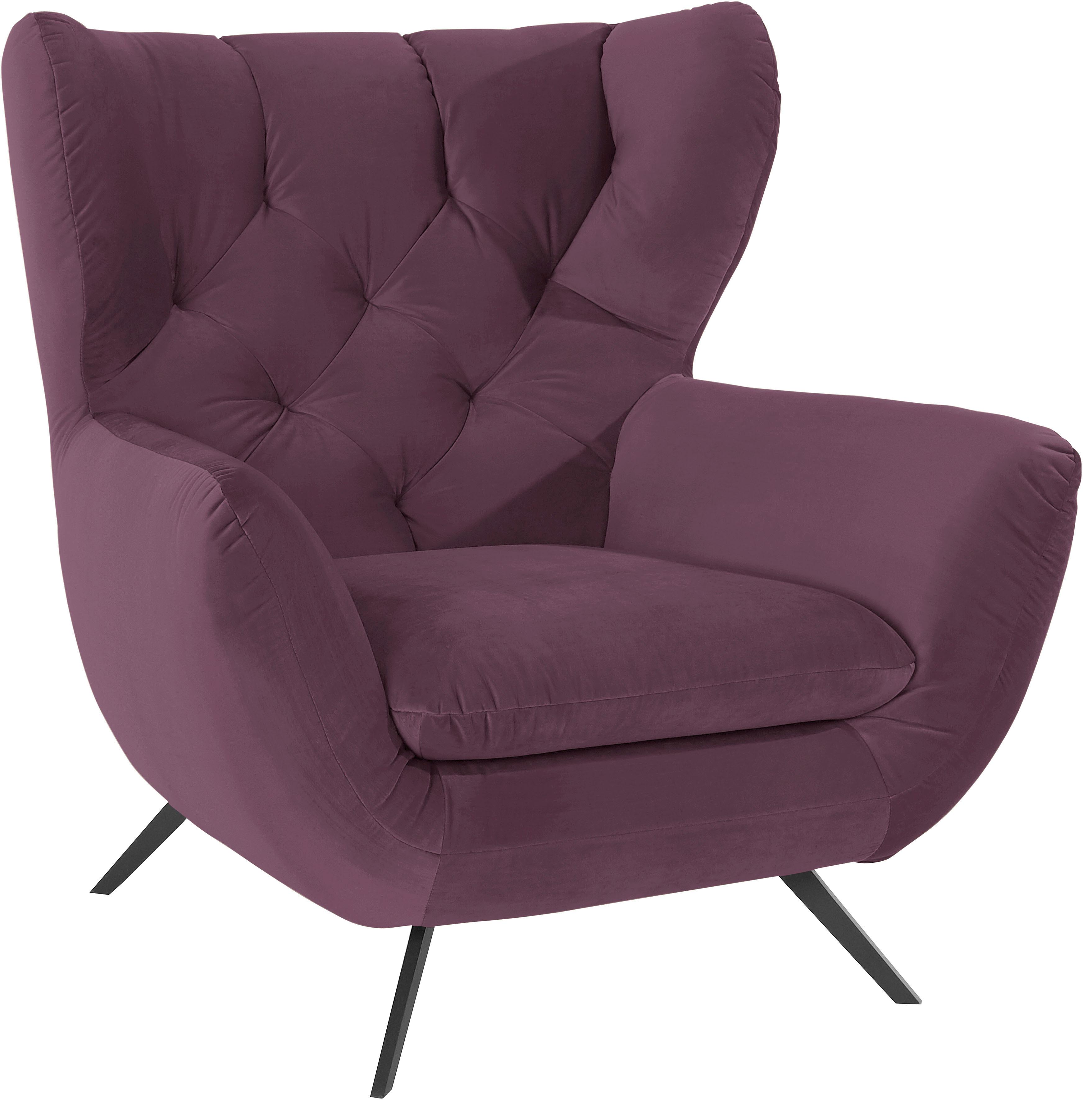 Sessel 3C CANDY "Beatrice Ohrensessel mit Knopfheftung im Rücken", rot (bordeaux), B:100cm H:106cm T:95cm, Samt-Optik (100% Polyester), Sessel, Einzelsessel Ohrensessel, bequemer Retro Solitärsessel auch in Cord und Fellimitat