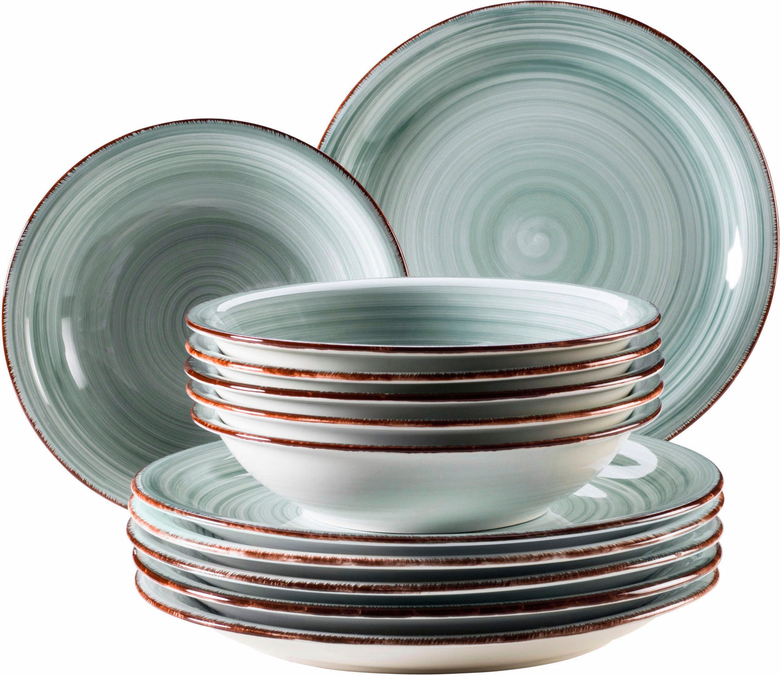 Tafelservice MY HOME "Teller Set, Geschirr-Set Bel Tempo", blau (graublau), 12 Stk., Keramik, Geschirr-Sets, rustikale Holzoptik mit Spiraldekor, 12 Teile, für 6 Personen Image