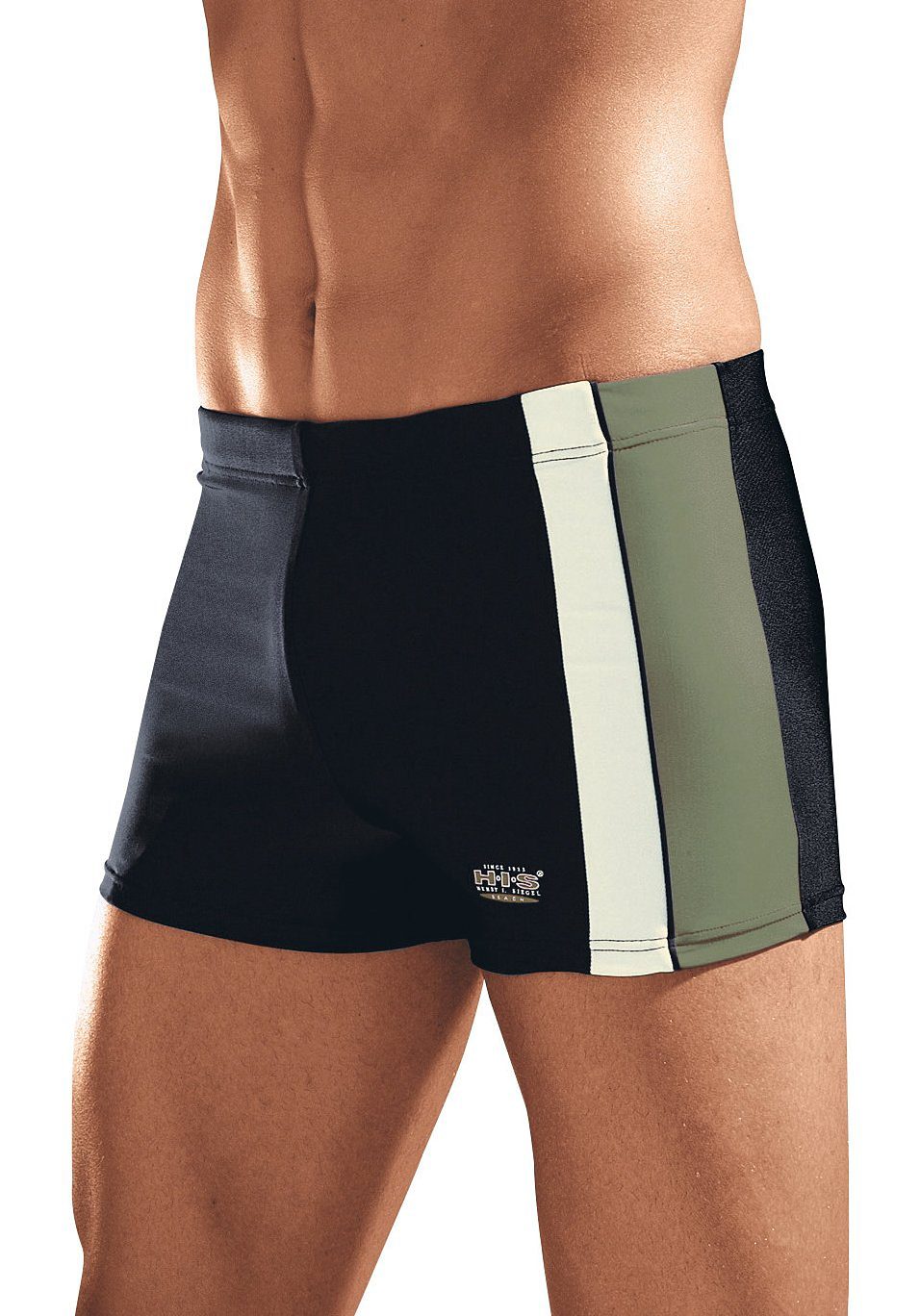 Boxer-Badehose H.I.S, Herren, Gr. 9, N-Gr, schwarz (schwarz, oliv), Polyamid, Badehosen, mit Kontrasteinsätzen Image