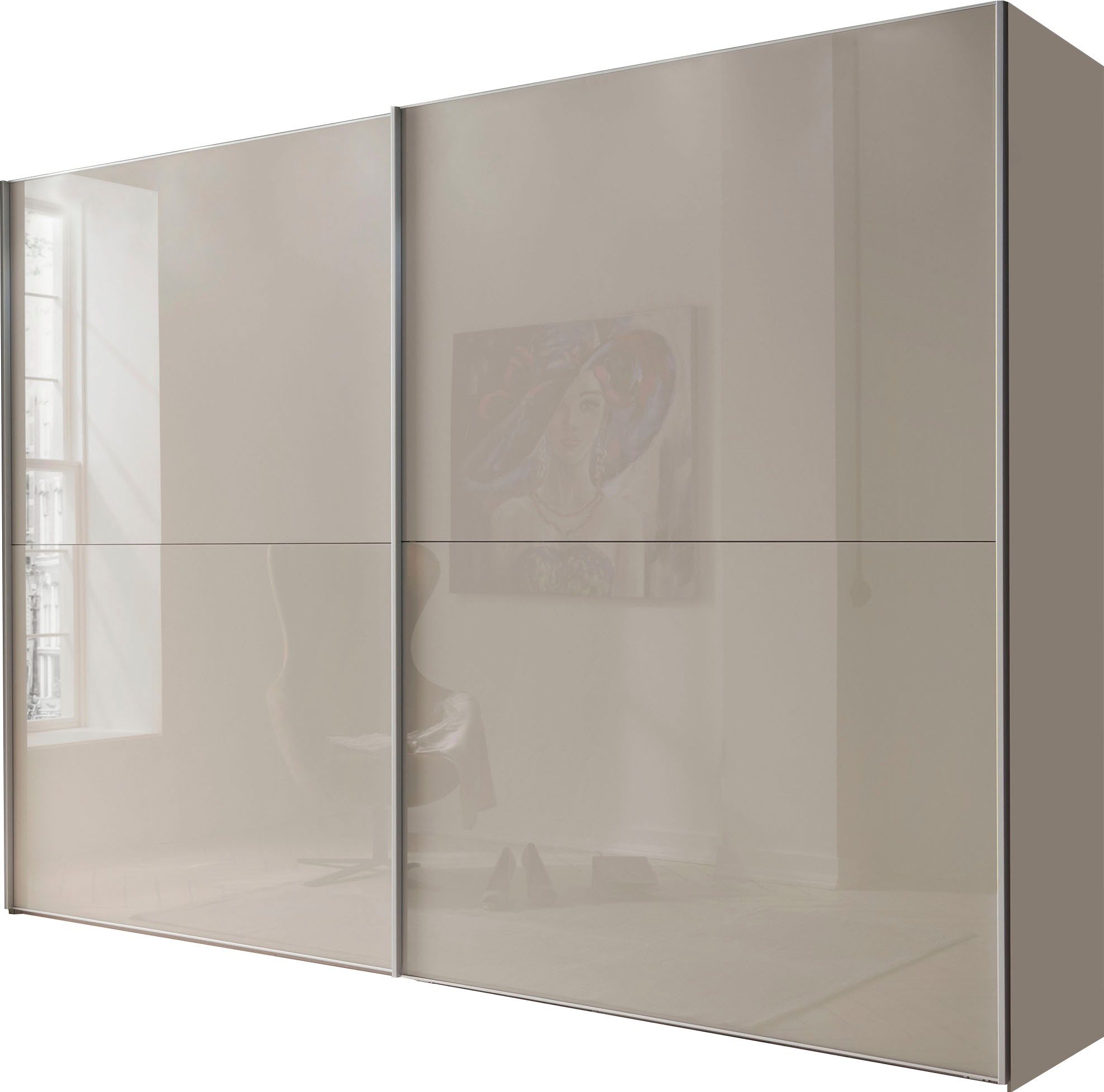 Schwebetürenschrank WIEMANN "Orion, Kleiderschrank, Schrank, Wäscheschrank, mit Schiebetüren", grau (kieselgrau, front glas kieselgrau), B:250cm H:217cm T:67cm, Schränke, Schwebetürenschrank, hochwertige Glasfront, variable Inneneinteilung,...