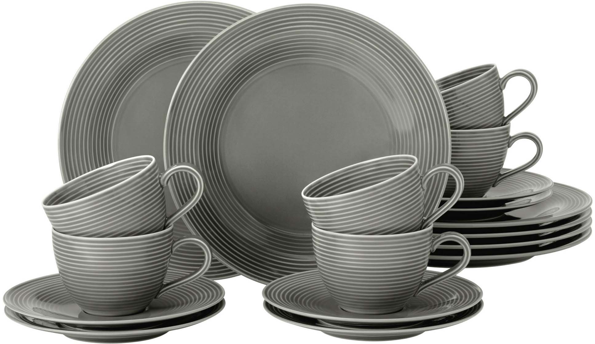 Kaffeeservice SELTMANN WEIDEN "Geschirr-Set, Service Beat", grau (perlgrau), 18 Stk., Porzellan, Geschirr-Sets, Kaffeeservice, Teller, Tassen, Untertassen, Rillendekor, 18 Teile, für 6 Personen