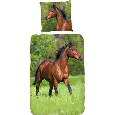 Kinderbettwäsche GOOD MORNING "Running horse" Bettwäsche Gr. B/L: 135 cm x 200 cm (1 St.), B/L: 80 cm x 80 cm (1 St.), Renforcé, bunt (grün, multi) Renforcé-Bettwäsche