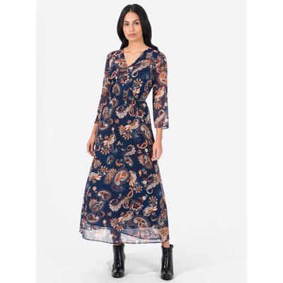 Maxikleid INSPIRATIONEN "Kleid", Damen, Gr. 46, Normalgrößen, blau (dunkelblau, gemustert), 100% Polyester, bedruckt, gemustert, mehrfarbig, lang, V-Ausschnitt, 3/4-Ärmel, Kleider Image