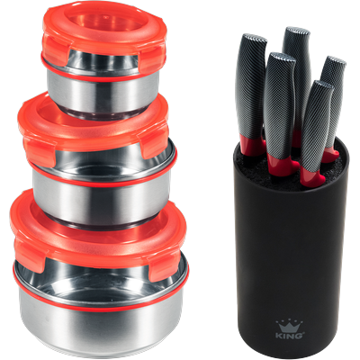 Messerblock KING "Carbon Optic", rot (rot, schwarz, edelstahlfarben), Messerblöcke, inkl. 3-teiligem Dosen-Set