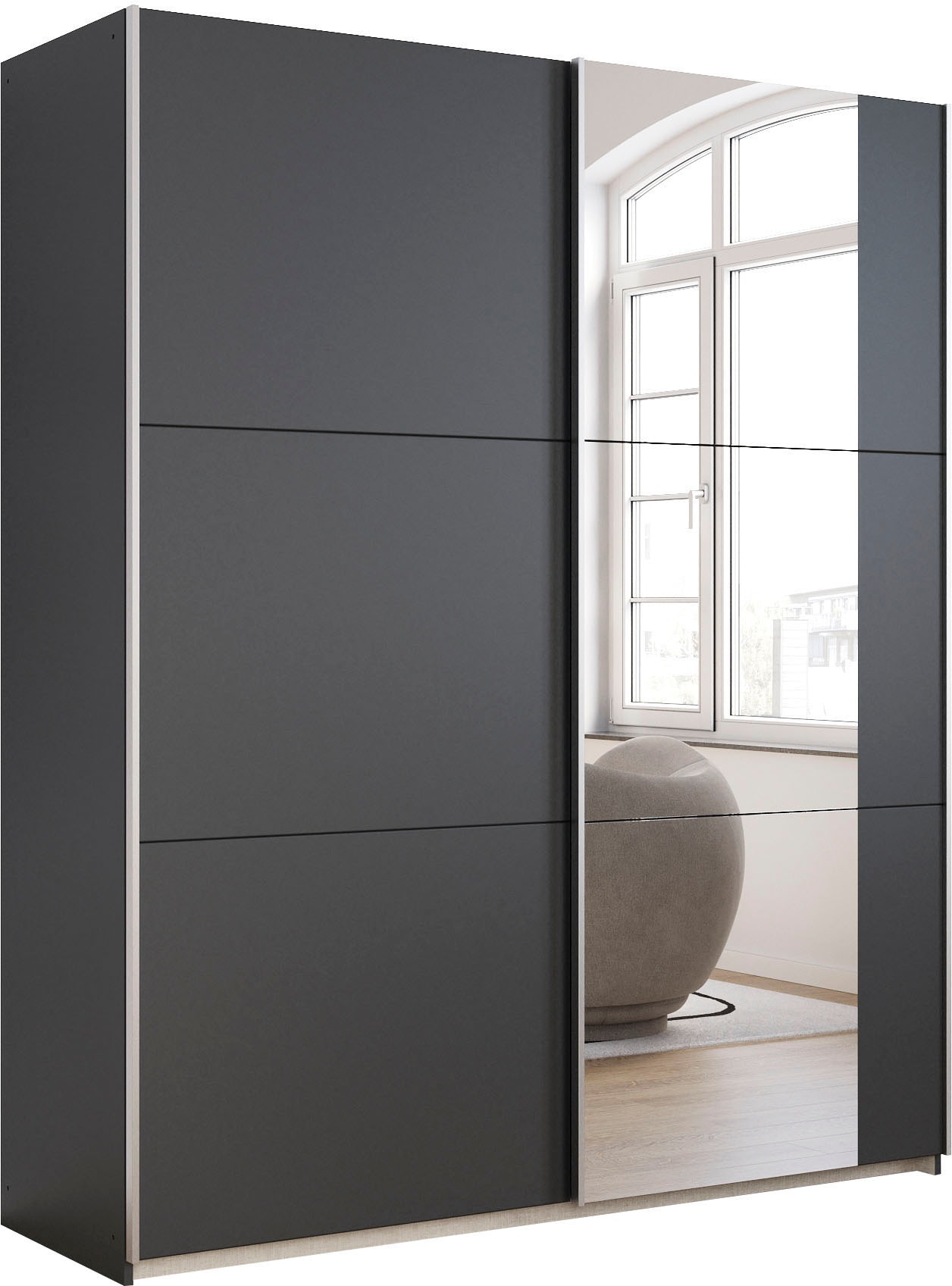 Schwebetürenschrank RAUCH "Kleiderschrank Drehtürenschrank Schrank Garderobe KRONACH TOPSELLER", grau (graumetallic, griffleisten alu, 1 spiegel), B:175cm H:210cm T:59cm, Holzwerkstoff, Schränke, Schwebetürenschrank, mit Spiegel und viel Stauraum,...