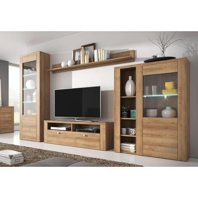 Wohnwand HOME AFFAIRE "Larona, Anbauwand, Set 4 Teilig", braun (eichefarben riviera), Kastenmöbel-Sets, bestehend aus 1 TV-Board, 1 Highboard, 1 Vitrine, 1 Wandregal, Topseller Image